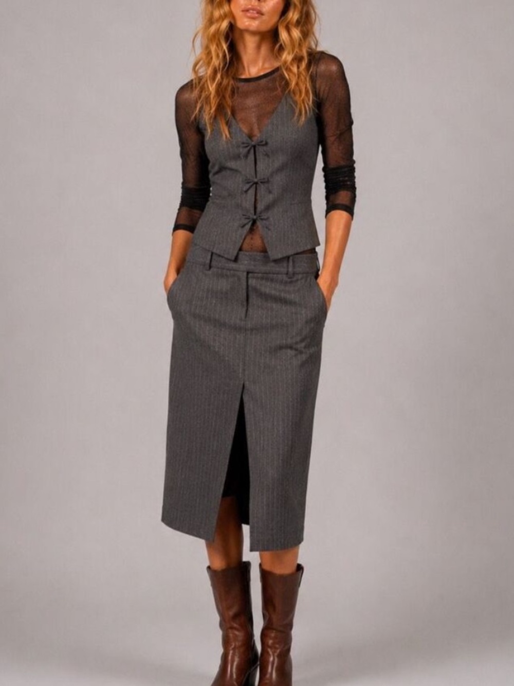 Women's Gray Midi Pencil Skirt with Front Slit